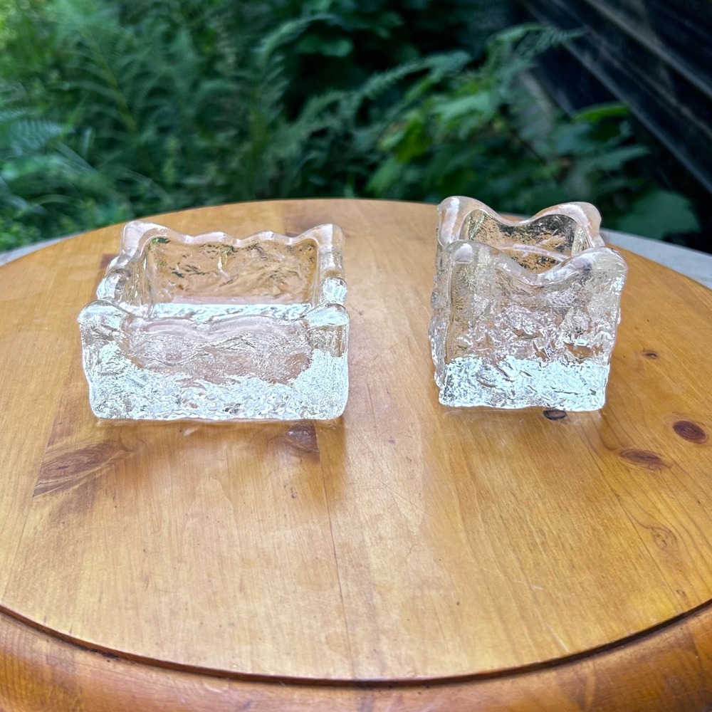 Vintage Ice Cube Ashtray Candle Holder Set Clear Glass MCM Decor Kosta Boda